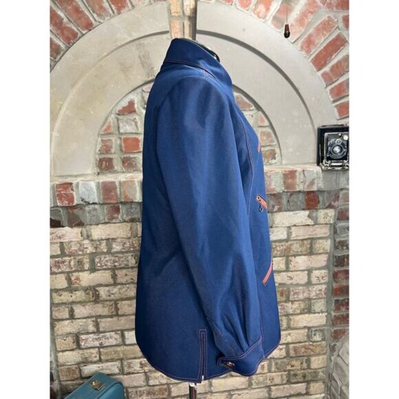 button up shirt dagger collar 6 zipper pockets 1970s navy blue red - Picture 11 of 11